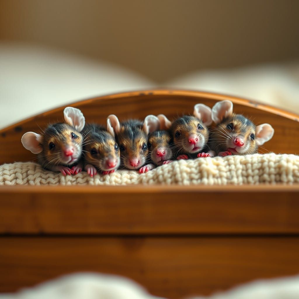Mice Slumber Peacefully on a Giant Wooden Bed