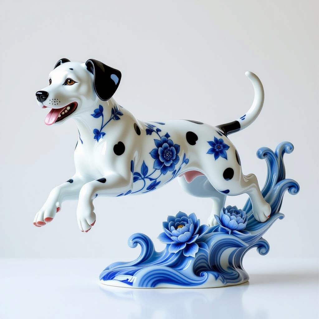 Dynamic Porcelain Dalmatian Sculpture with Chinese Motifs