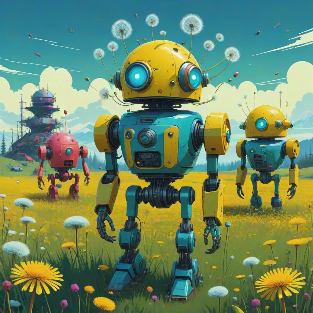 Futuristic Dandelion Robots in Vibrant Whimsical Landscape