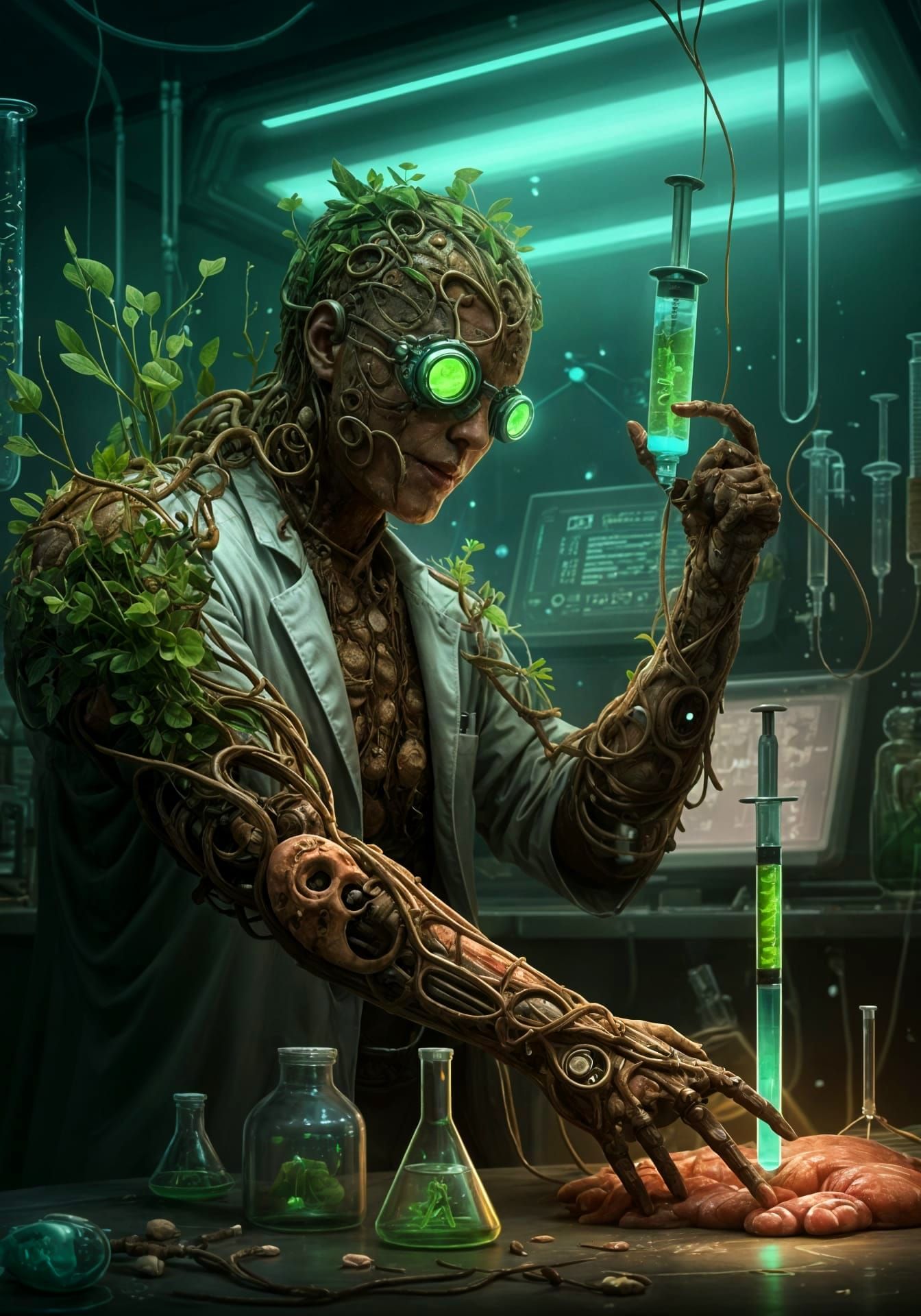 Biopunk Scientist Grafting DNA in Futuristic Lab