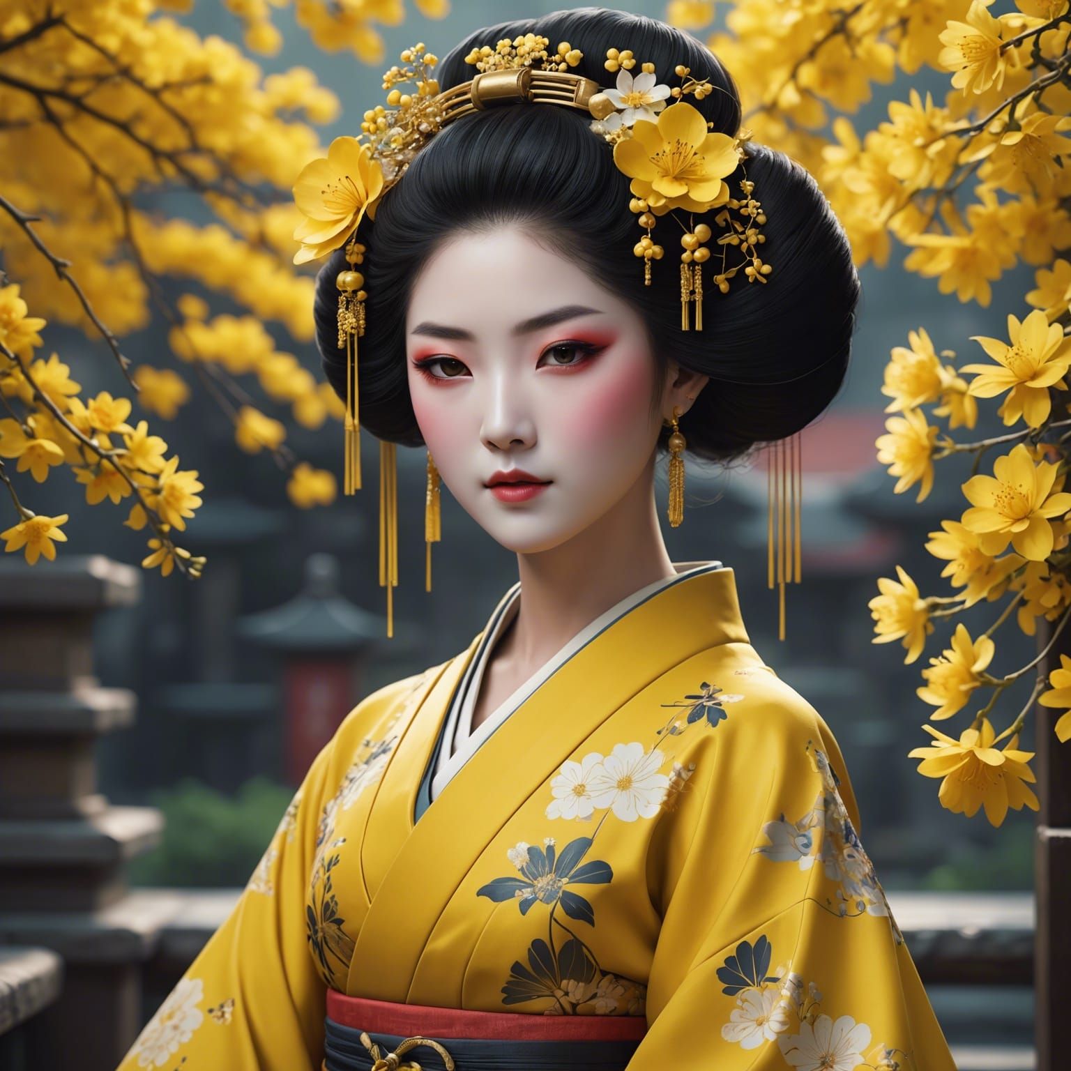 Elegant Geisha in Yellow Gowns, Art Nouveau Style