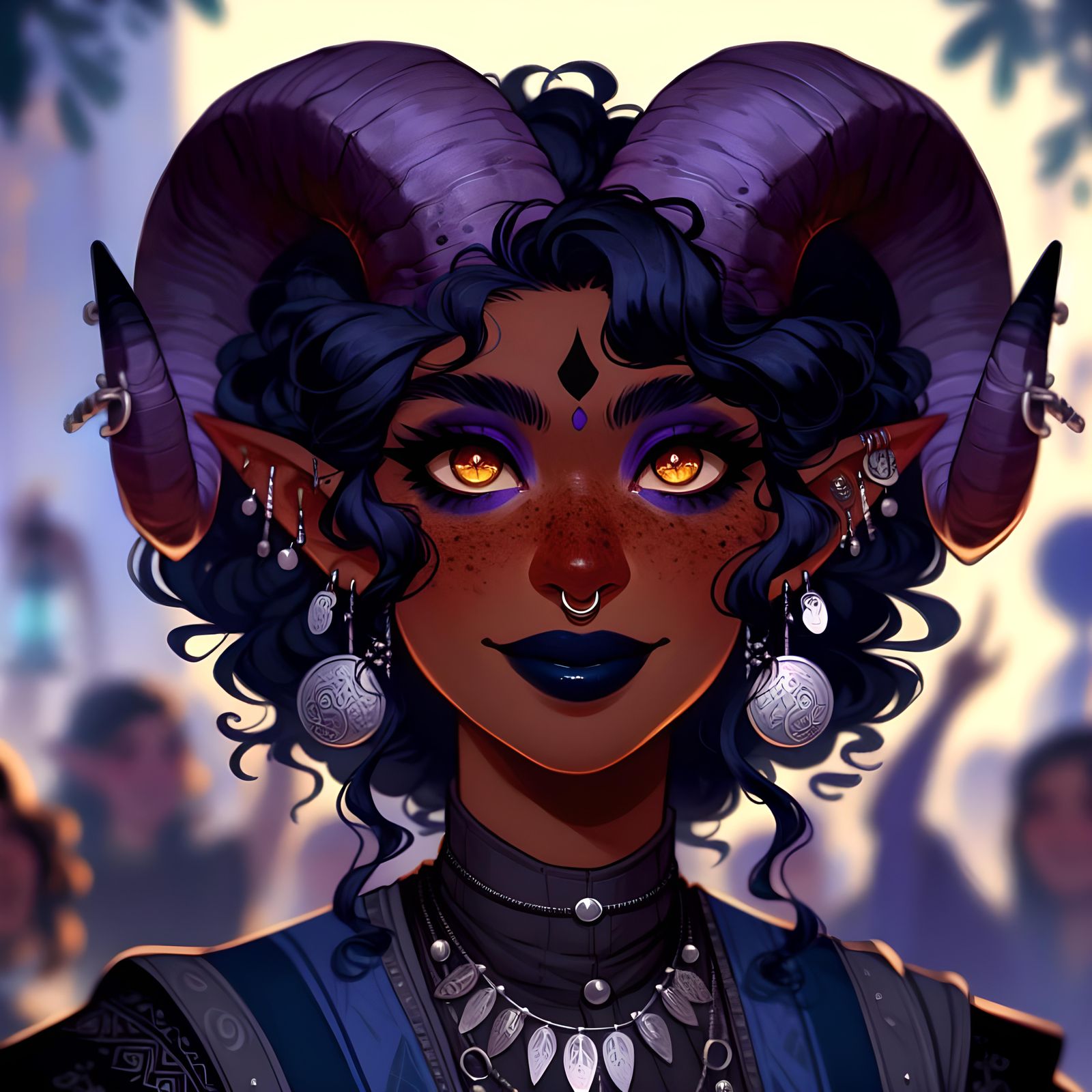 Anime Tiefling Character with Amber Eyes and Silver Jewelry