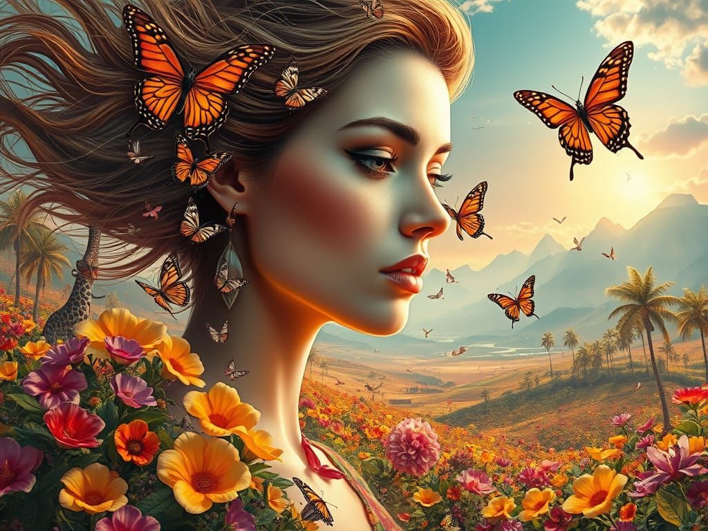 Surrealist Goddess in a Vibrant Dream Landscape