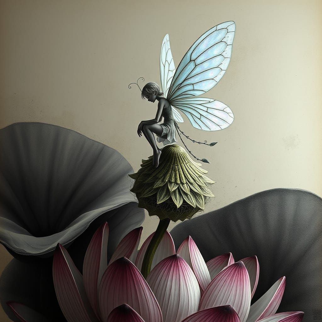 Fairy on Lotus Seed Head in Charcoal Style