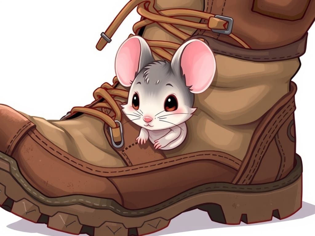 Delicate Chibi Mouse Peeks from Vintage Hiking Boot in Paste...