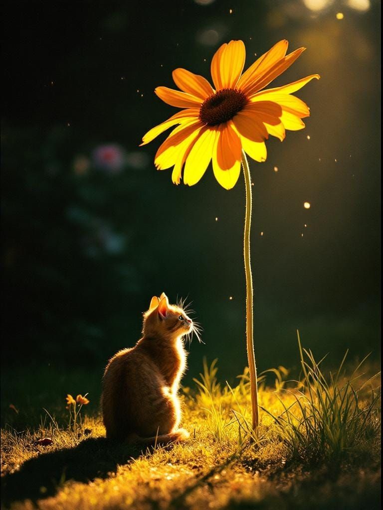 Cat Under Flower in 1970s Americana Style