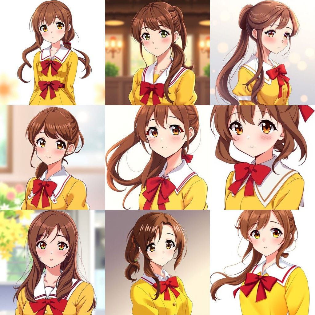 Elegant Anime Girl with Long Chestnut Hair and Warm Hazel Ey...