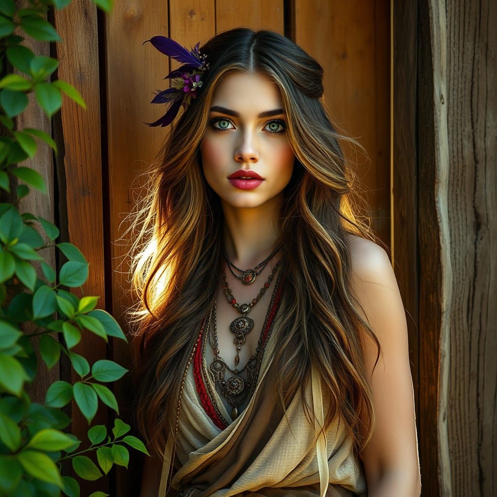 A captivating young woman with long, flowing hair, green eye...