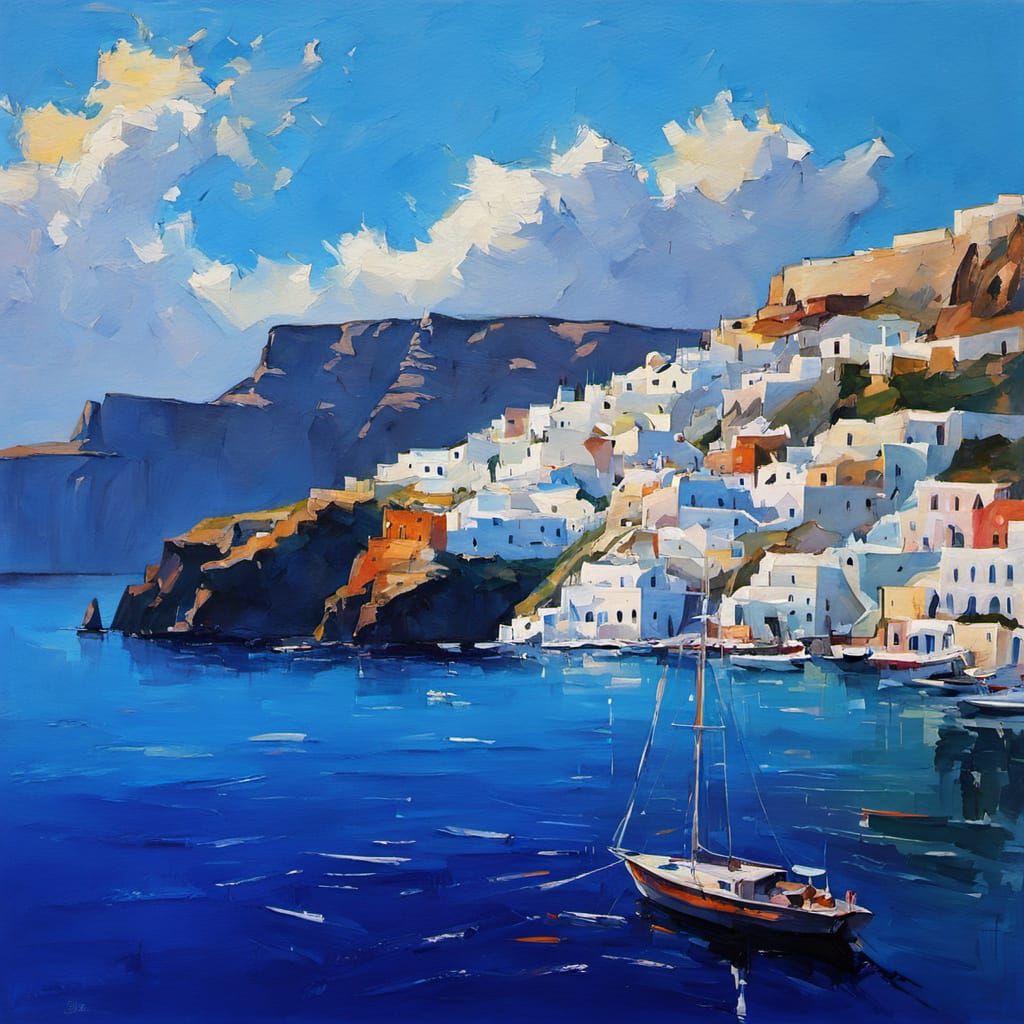 Gouache Masterpiece of Vibrant Santorini
