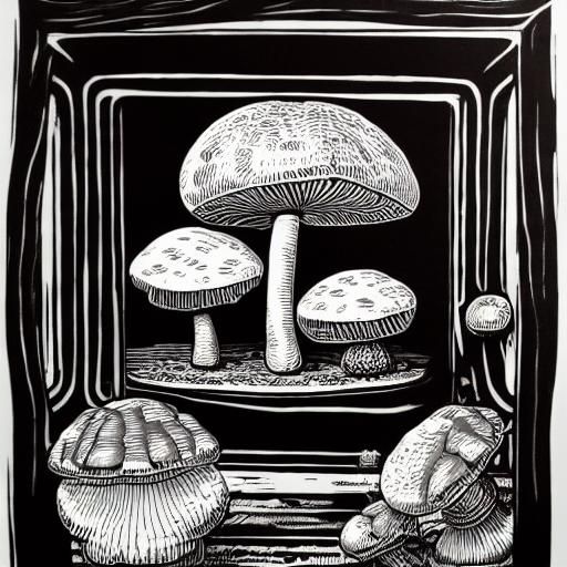 Fly Agaric Mushrooms in Black and White Linocut