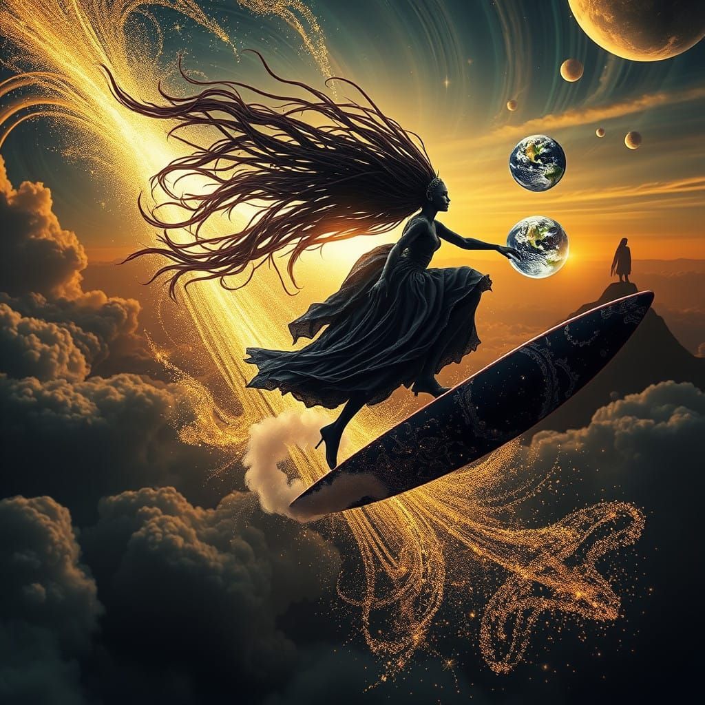 Cosmic Sorceress Rides Comet Tail in Celestial Dance