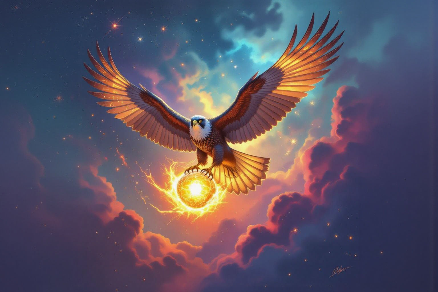 Celestial Falcon Soaring Through Nebula in Fantasy Style