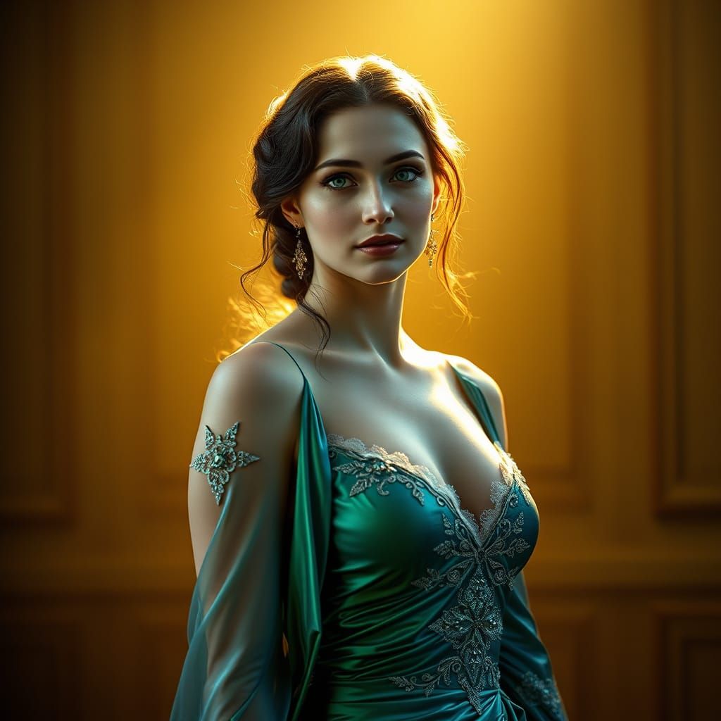 Renaissance Woman with Emerald Eyes in Golden Light
