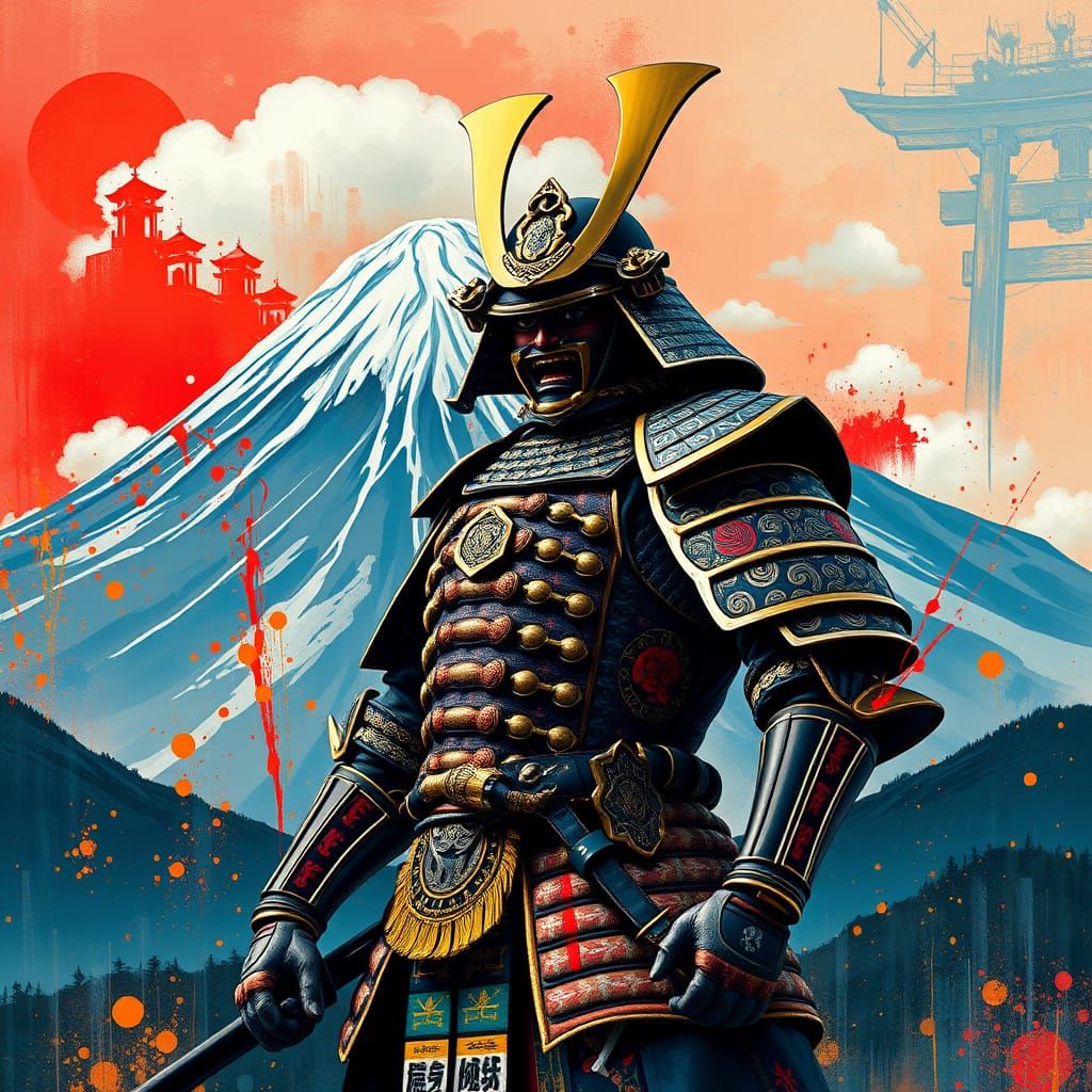 Surreal Samurai Triumphs Before Mount Fuji in Dynamic Graffi...