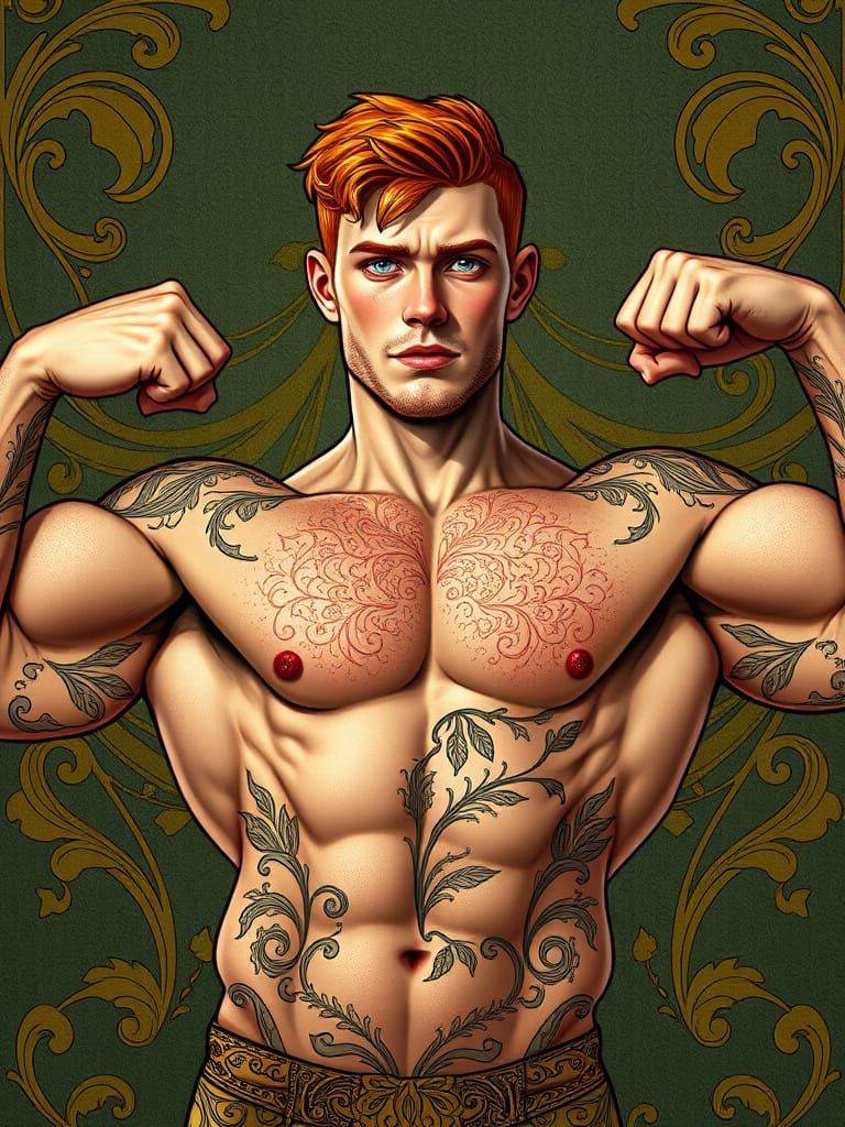 Ginger Bodybuilder Flexing in Art Nouveau Style