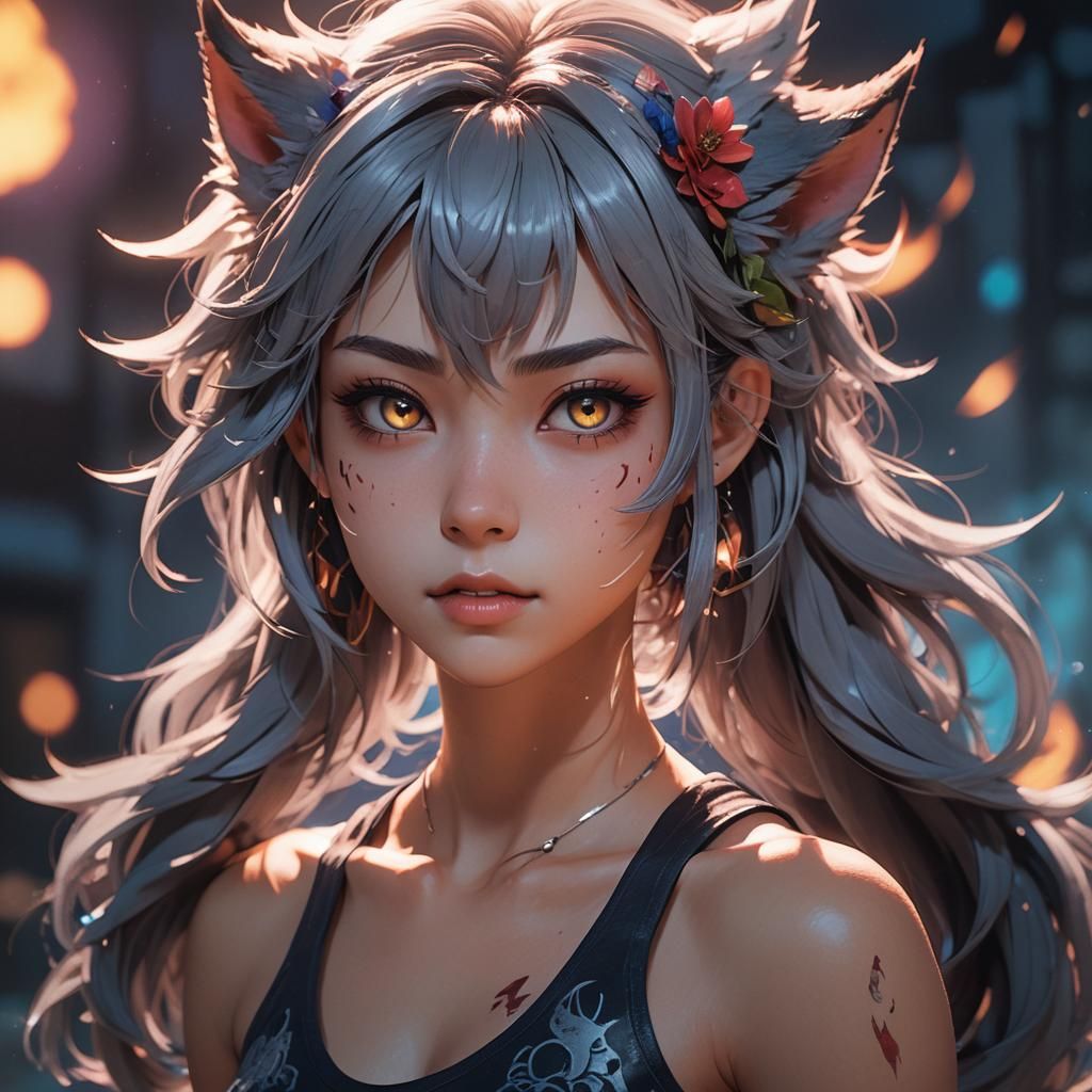 Anime Teenage Girl Werewolf Portrait in 3D