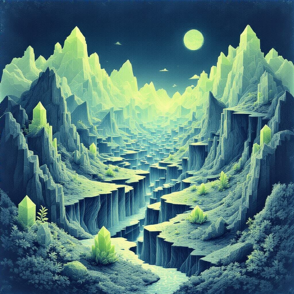 Escher-Style Cyanotype Landscape with Crystalline Beings