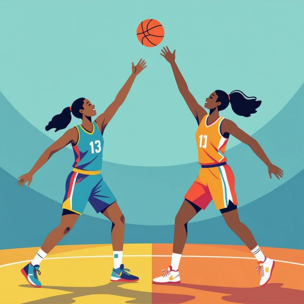 Basketball Players in Folk-Art Acrylic Style