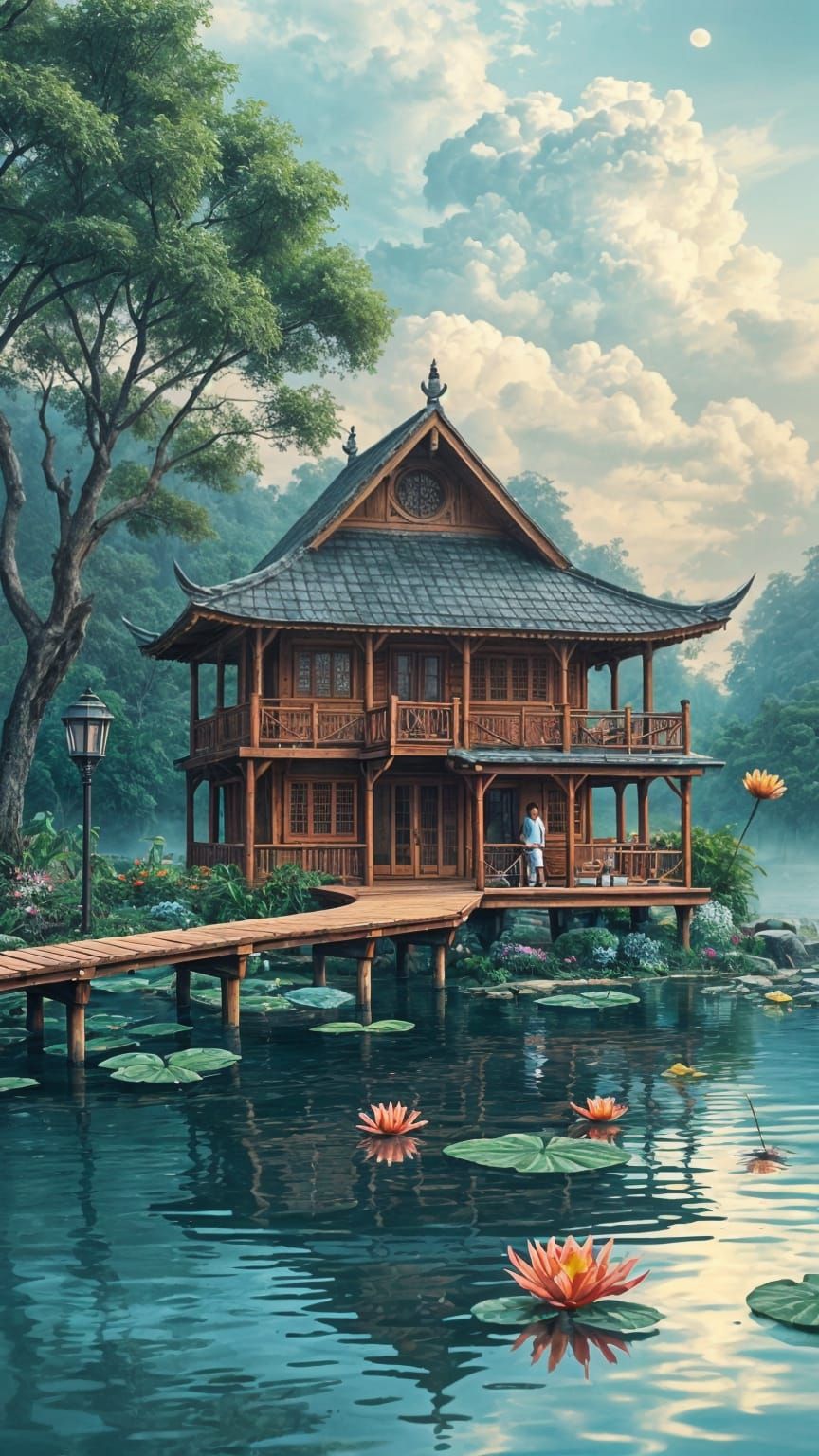 Serene Wooden Cottage Under a Majestic Tree on a Shimmering ...