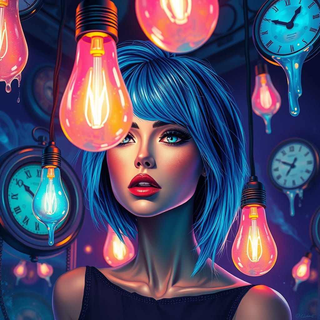 Electric Dream Goddess Amidst Glowing Lightbulbs