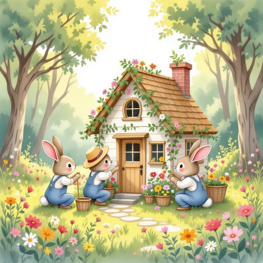 Rabbits Building Fairy House: Whimsical Watercolor