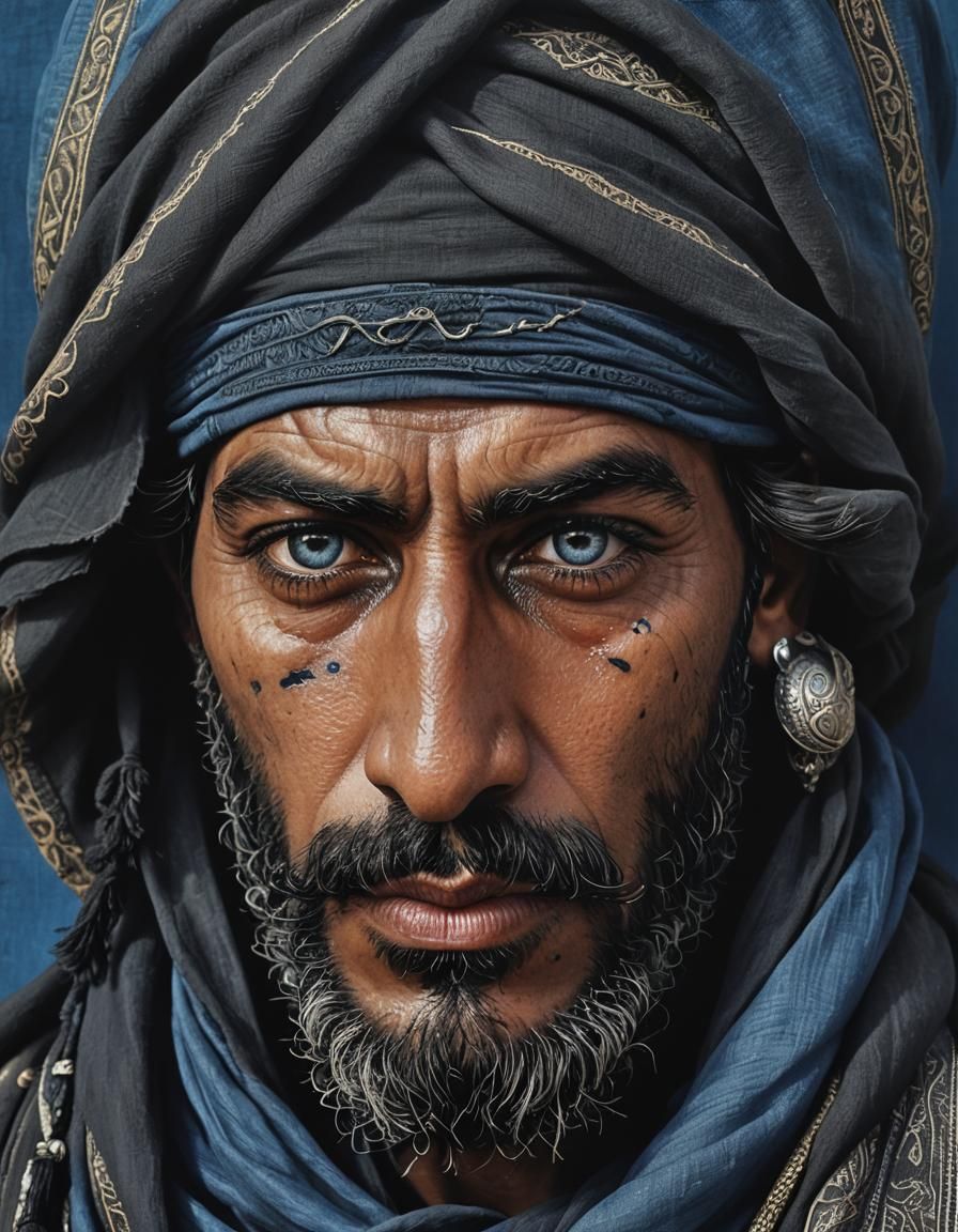 (one eye covered by black silken eyepatch 1.4) Ultra-detailed close-up of a bedouin's face with black eyepatch in tradit...