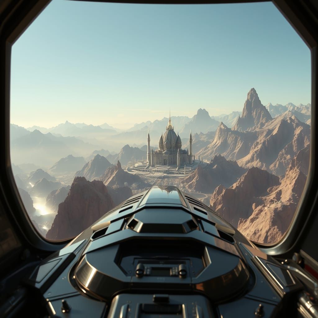 Futuristic Alien City in Mountains from Spaceship Cockpit
