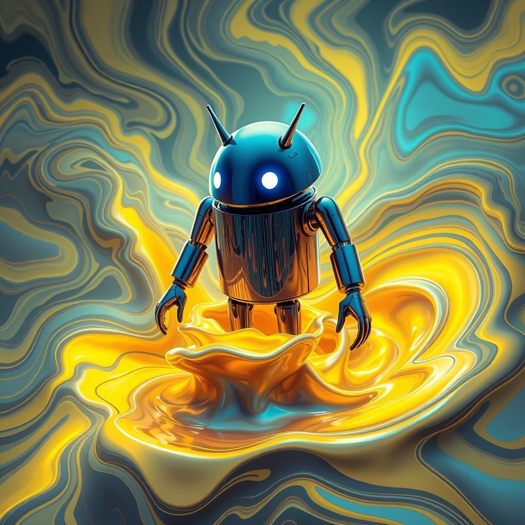 Android Rises from Liquid Metal in Neon Futurism