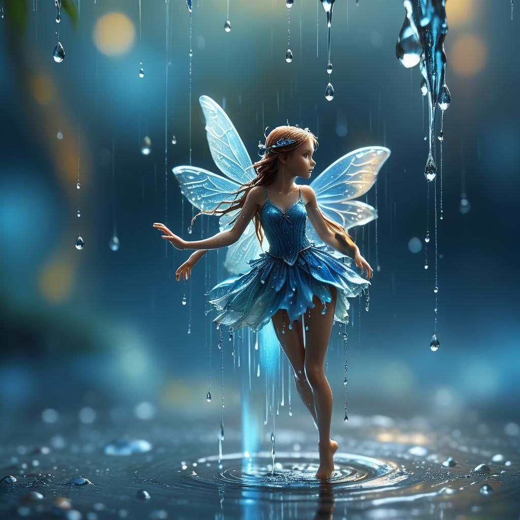 Fairy Falling in Raindrop: Macro Digital Matte Painting