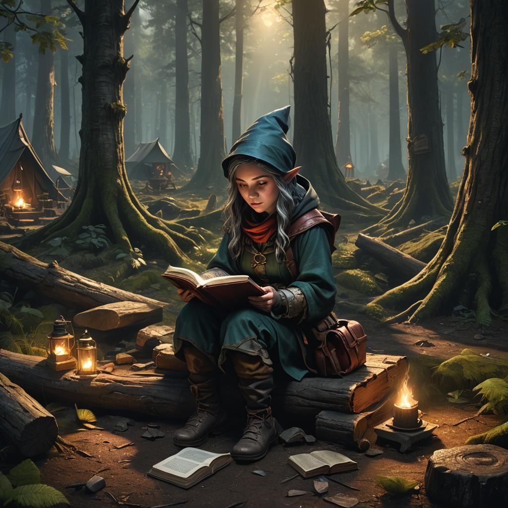 Gnome Woman Reads Tome: Dark Fantasy Concept Art