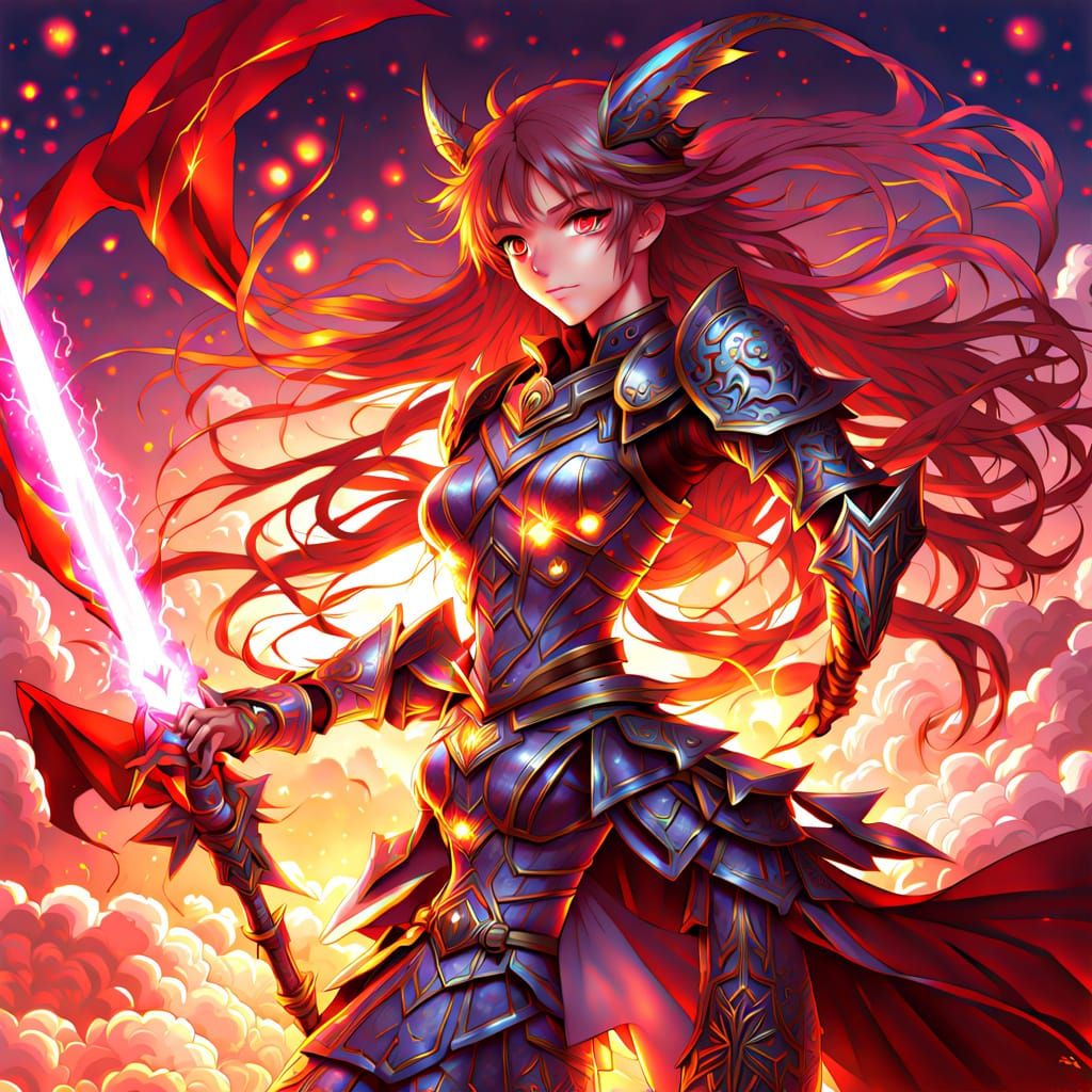 Elegant Fairy Warrior in Vibrant Gold and Burgundy Armor