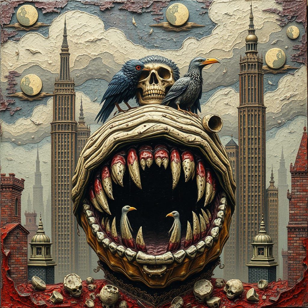 Surreal Cityscape with Bird People Amidst Decaying Teeth