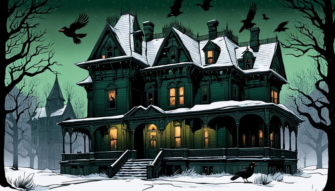 Dark Victorian Manor in Winter Night, Detailed Matte Paintin...