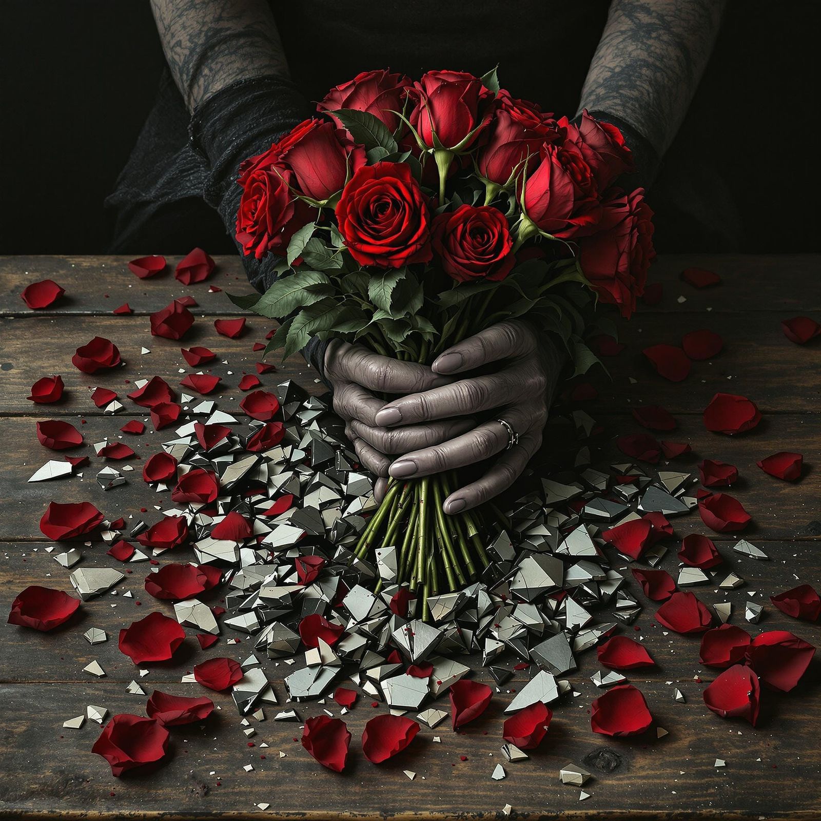 Hands Among Shards Holding Roses, Gothic Style