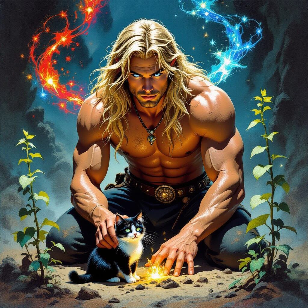 Wizard and Magical Cat in Pulp Fantasy Style