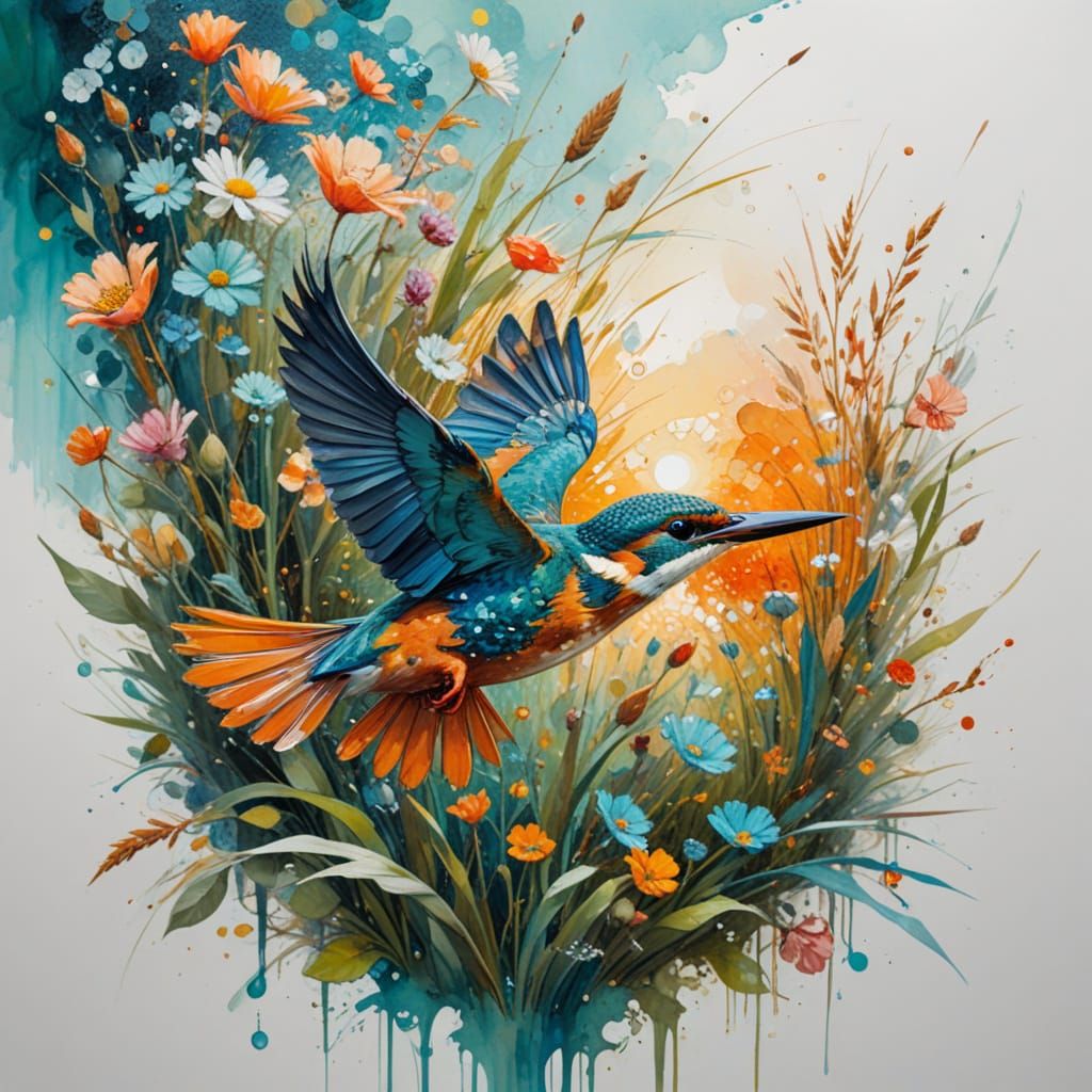 Kingfisher Mid-Dive Over Winding River