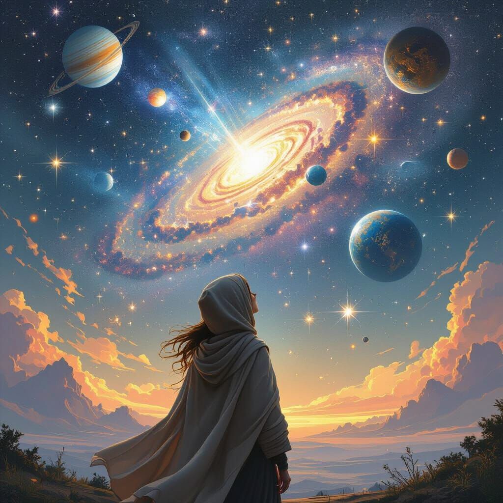 Woman Gazing at Colossal Celestial Mosaic