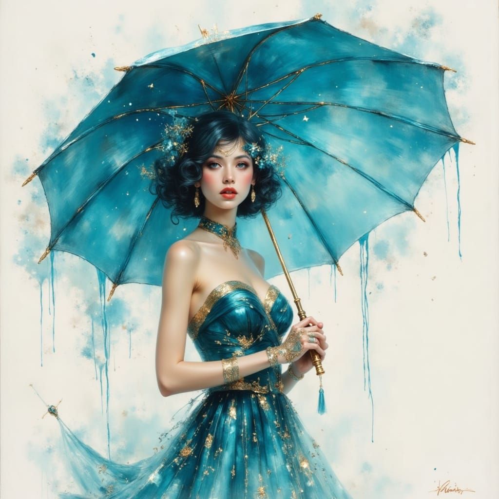 Woman with Blue Umbrella in Elegant Palette Knife Style