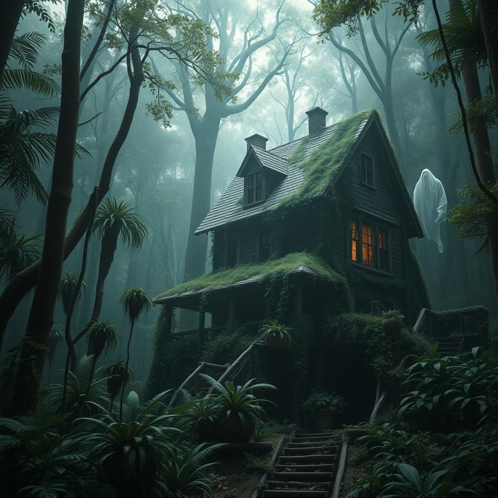 Haunted House in Forest with Ghost