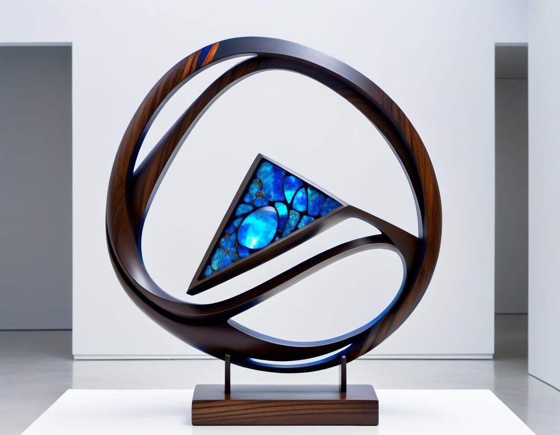 Iron wood sculpture with fire opal inlay
