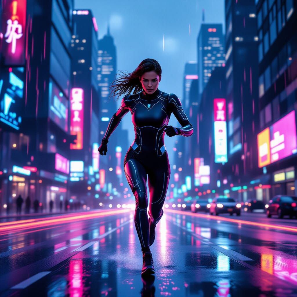 Woman Sprints Through Neon Cityscape in Cyberpunk Style