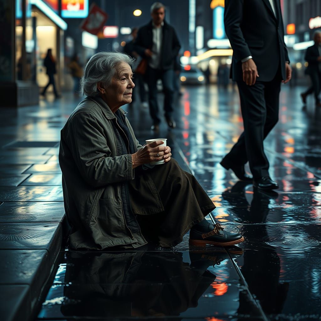 Rainy Street Beggar: A Cinematic Portrait