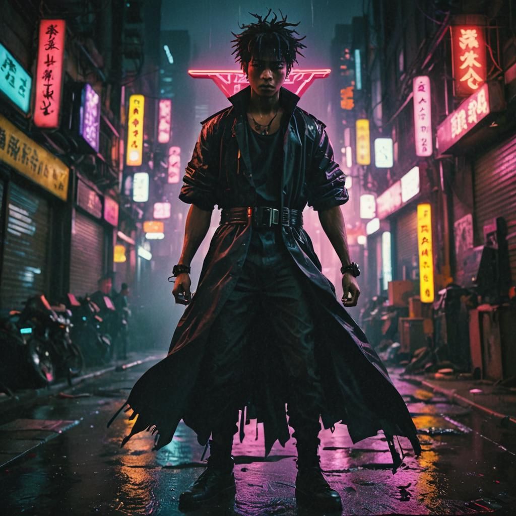 Cyberpunk Villain in Gritty Cityscape Film Still