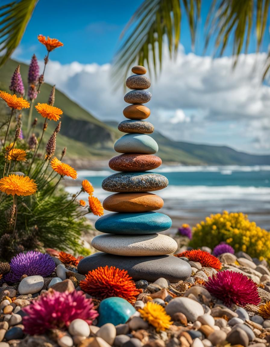 The tropical, hand painted, cairn on a beautiful day