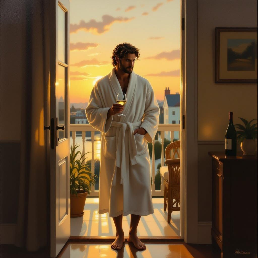 Man in White Robe in Cozy Apartment at Dusk