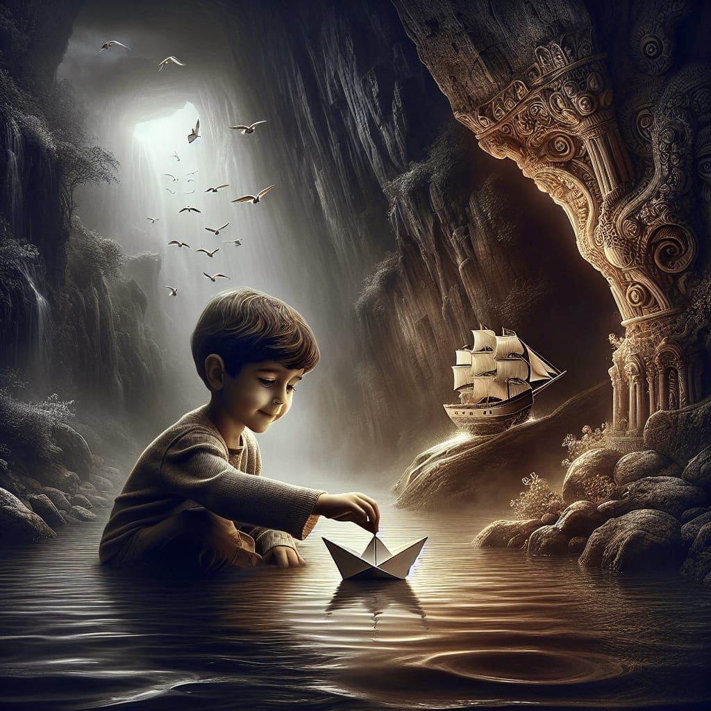 Boy Sending Paper Boat on River: Fantasy Art