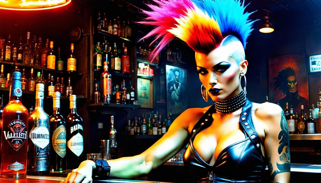 Cyberpunk Cyborg Bartender in Dystopian Bar