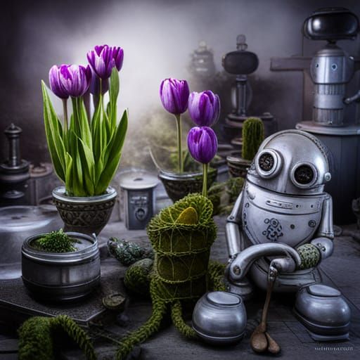 Enchanted Robot with Purple Cactus Tulip Bottles