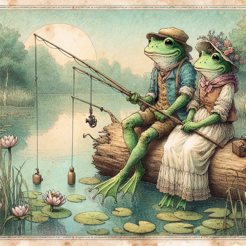 Whimsical Frog Couple Fishing: Art Nouveau Illustration