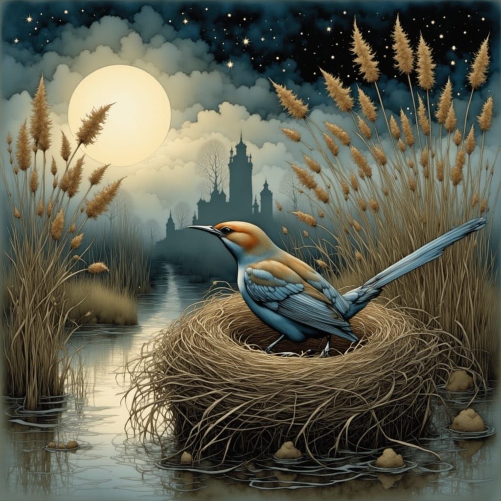 Bird Perched in Noctilucent Evening Reeds